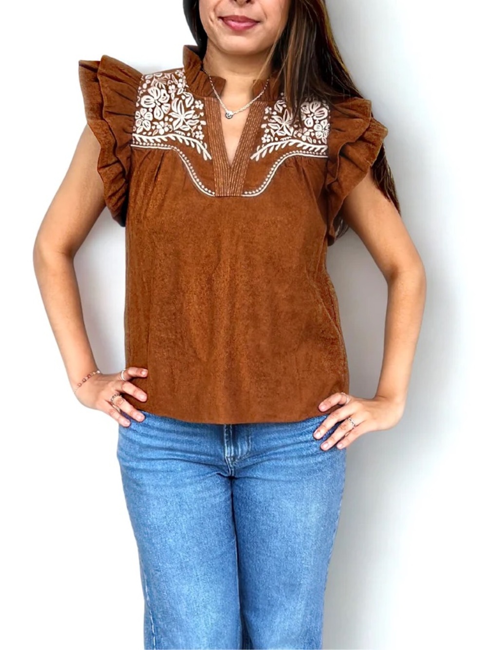 NWOT THML Anthropologie Flutter Sleeve Brown Corduroy Embroidered WesternTop Sm - Picture 2 of 5